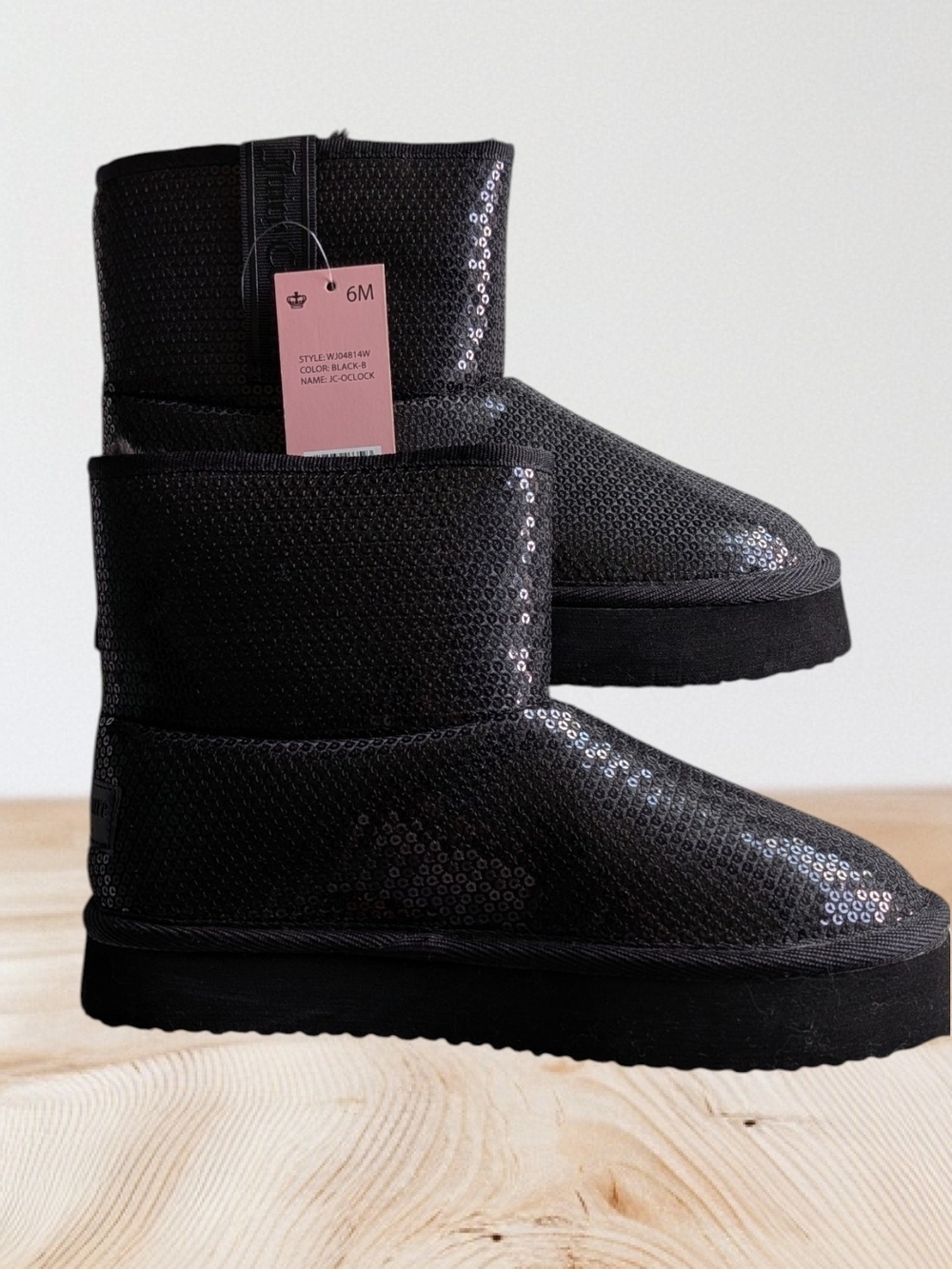 🆕 💕 Juicy Couture Black Sequin Short Slip-On Boots Size 6